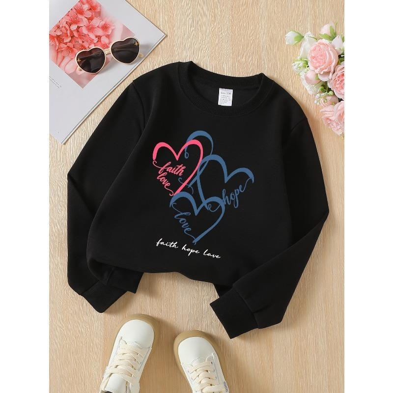 European sizes Girls Crew Neck Sweatshirt Faith Hope Love Hearts Design, Soft Cozy Pullover, Warm Casual for Autumn Winter.