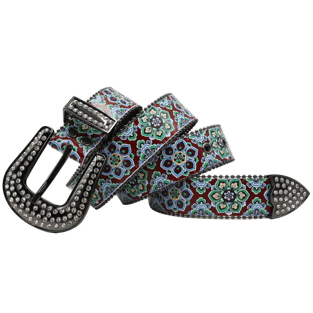 Rhinestone Belt Print High-end Pattern Women's Retro Ethnic Belt Flower Totem Ethnic Belt