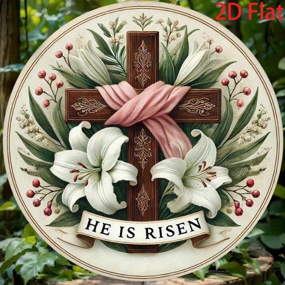 Easter Cross Lily Metal Sign 8 Inch Round Yard Decor Holiday Garden Ornament