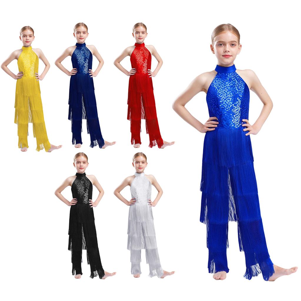 Mädchen Halter Ärmellos Rückenfrei Pailletten Stufig Quaste Tanz Jumpsuit Cha cha Latein Kostüm