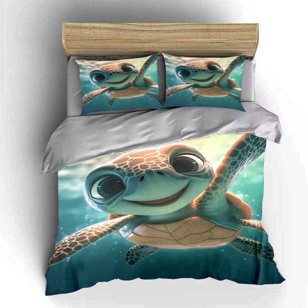 Smiling Animated Sea Turtle. Print Bedding Set 1 Duvet Cover 2 Pillowcases For Adult And Children Luxury Gift Full Size