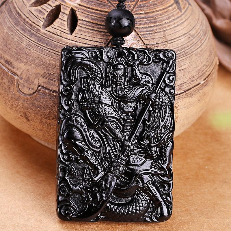 Natural Obsidian Guan Yu Pendant Necklace Men Hand-Carved Black Stone Amulet With Dragon Motif Chinese Cultural Style