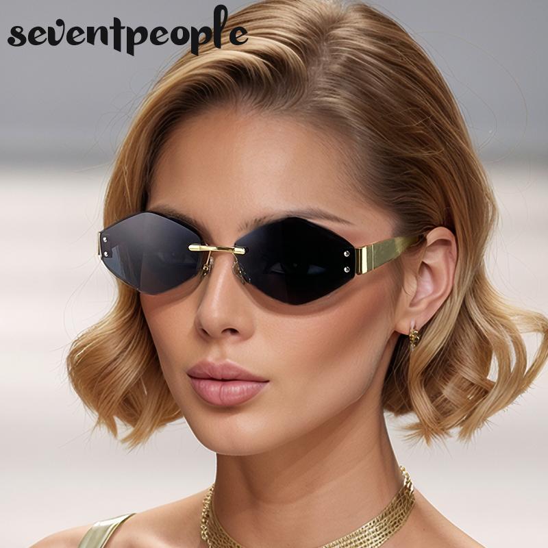 Rimless Small Polygon Sunglasses Women  Luxury Brand Trendy Frameless Hexagon Sunglass For Ladies Fashion Metal Frame Shades