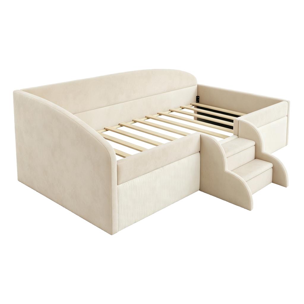 Cama Estofada Cama Infantil 90*190cm, Cama Multifuncional, Com Degraus e Grades de Proteção, Tecido de Veludo Amigo da Pele, sem Colchão Bege