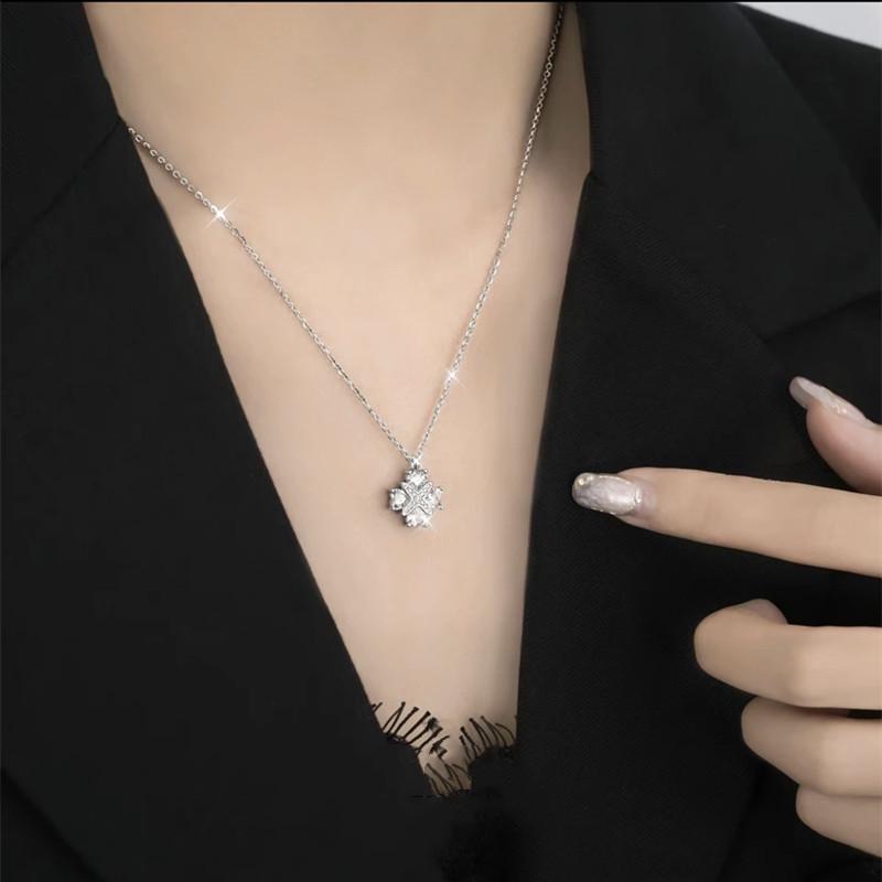 White Gold Heart & Four-Leaf Clover Necklace - Elegant Pendant Gift for Girlfriend