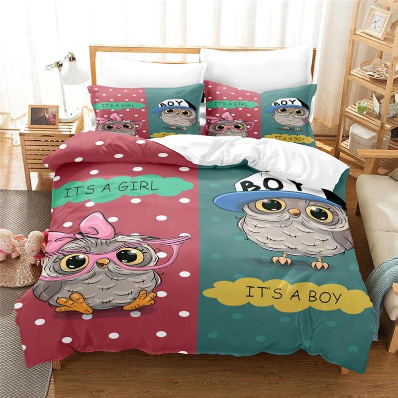 Kawaii Cartoon Owl Duvet Cover Set Full Queen King Size Owl Bedding Set for Girls Boys Brown Owl Cartoon Animal Comforter Cover