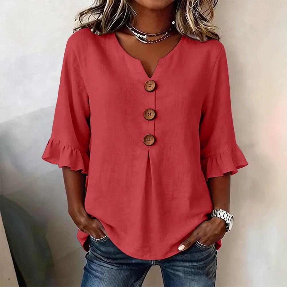 Women V Neck Button Blouse, Spring Summer Casual Top