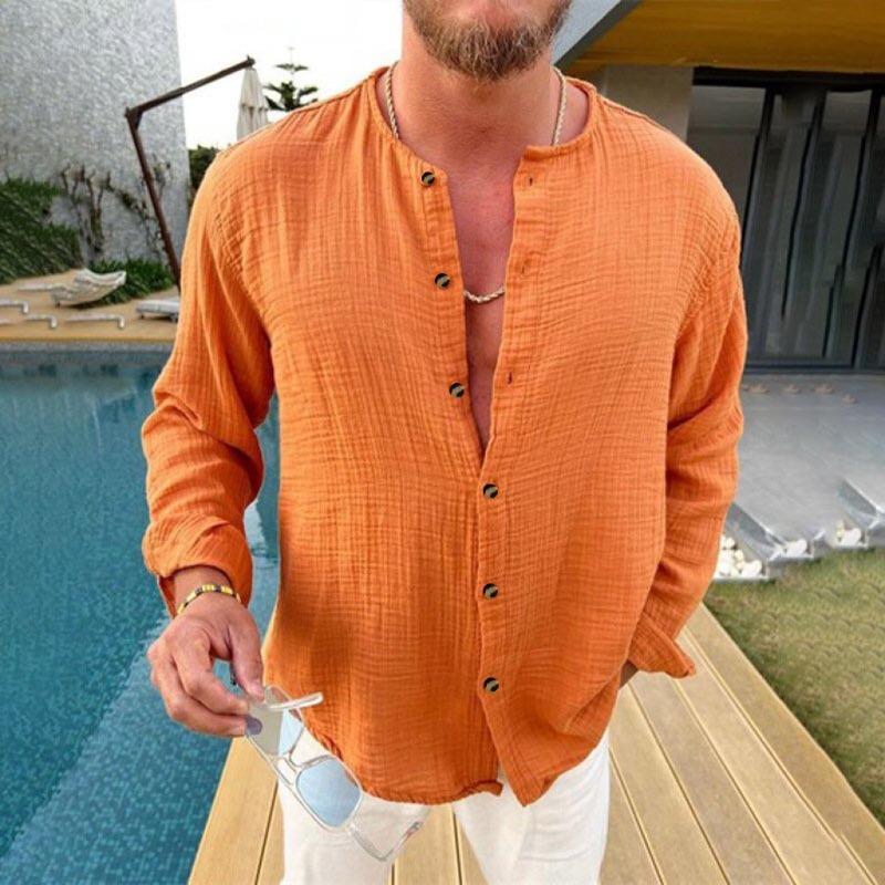 

Spring Autumn Double Layer Wrinkled Men s Loose Casual Wrinkled Long Sleeved Shirt Stand Up Collar Shirt T-Shirts Men’s S оранжевый