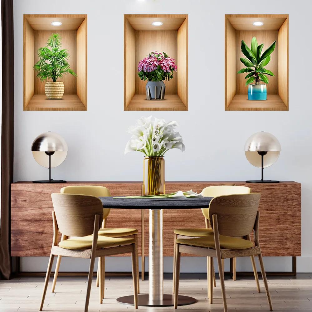 3D Effect Potted Triptych Posters Hallway Staircase Decorative Painting Hotel Restaurant Wall Plant Stickers