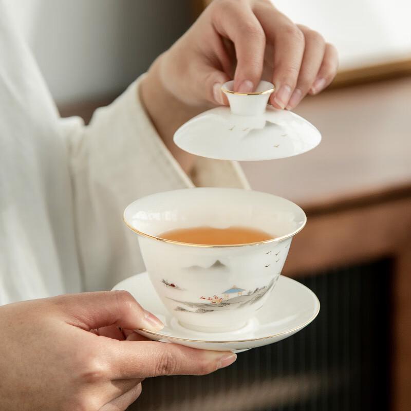 Gold-Inlaid Landscape White Porcelain Gongfu Tea Set