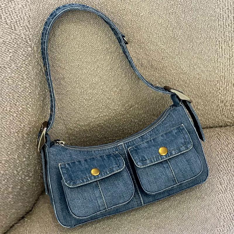 Luxury Brand Denim Bag Retro Persalized Double Pocket Roomy Denim Underarm Bag Y2k Hot Girl Fashi Commuter Bag Denim Bag