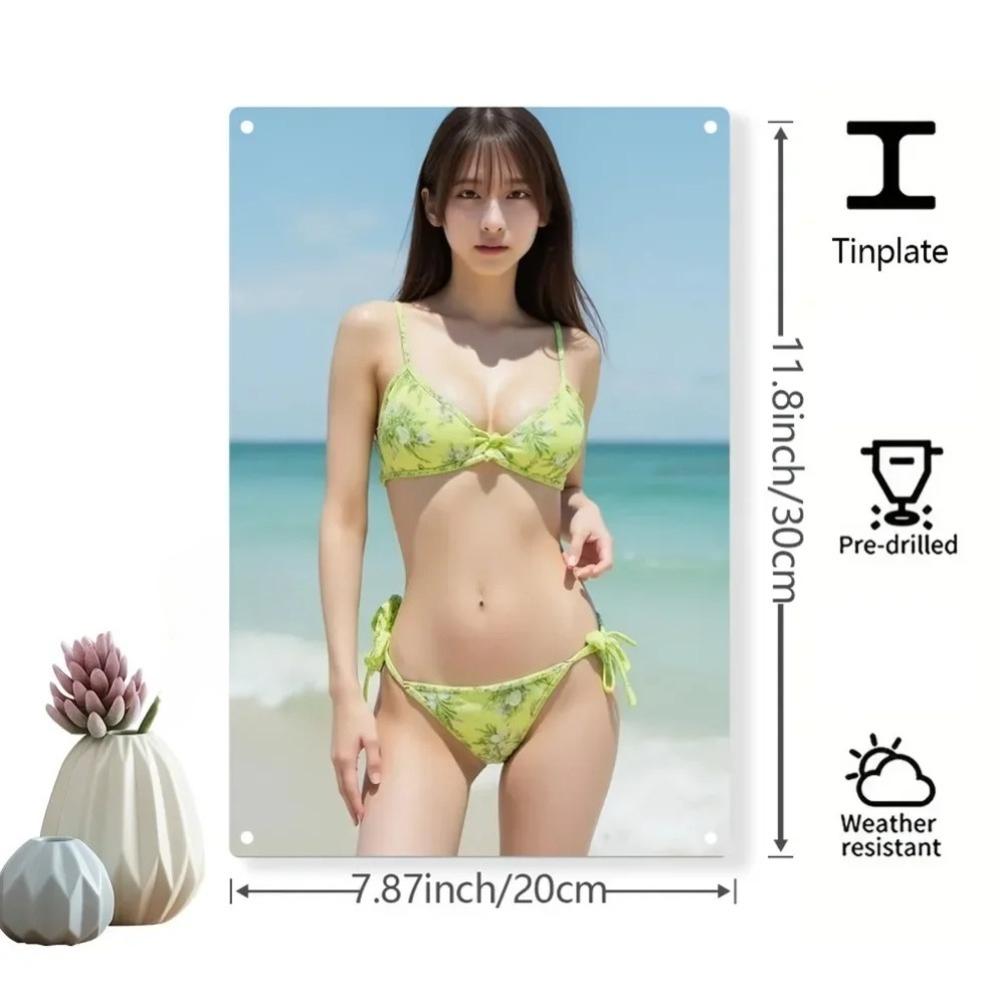 HD Tin Sign Stunning Asian Model in Green Floral Bikini Beachside Vintage Metal Wall Art Decor x Inch