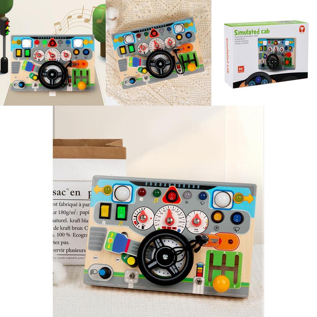 Wooden Childrens Simulated Steering Wheel Led Switch Busy Board Educational Toy For Early Learning