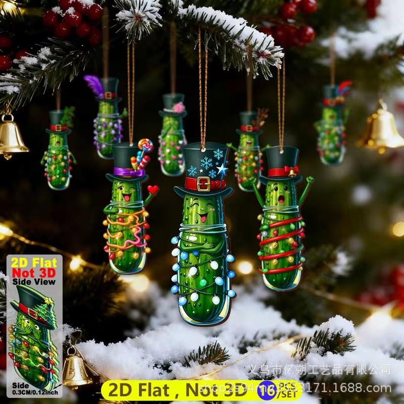 32Pcs Wooden Christmas Cucumber Ornaments, Multi Shapes Pendant with Fairy Lights & Black Hats, Xmas Hanging Decor