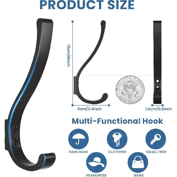 6PCS Large Black Coat Hooks, Heavy Duty Wall Mount, for Hanging, Backpacks, Bathroom, Mudroom, Entryway