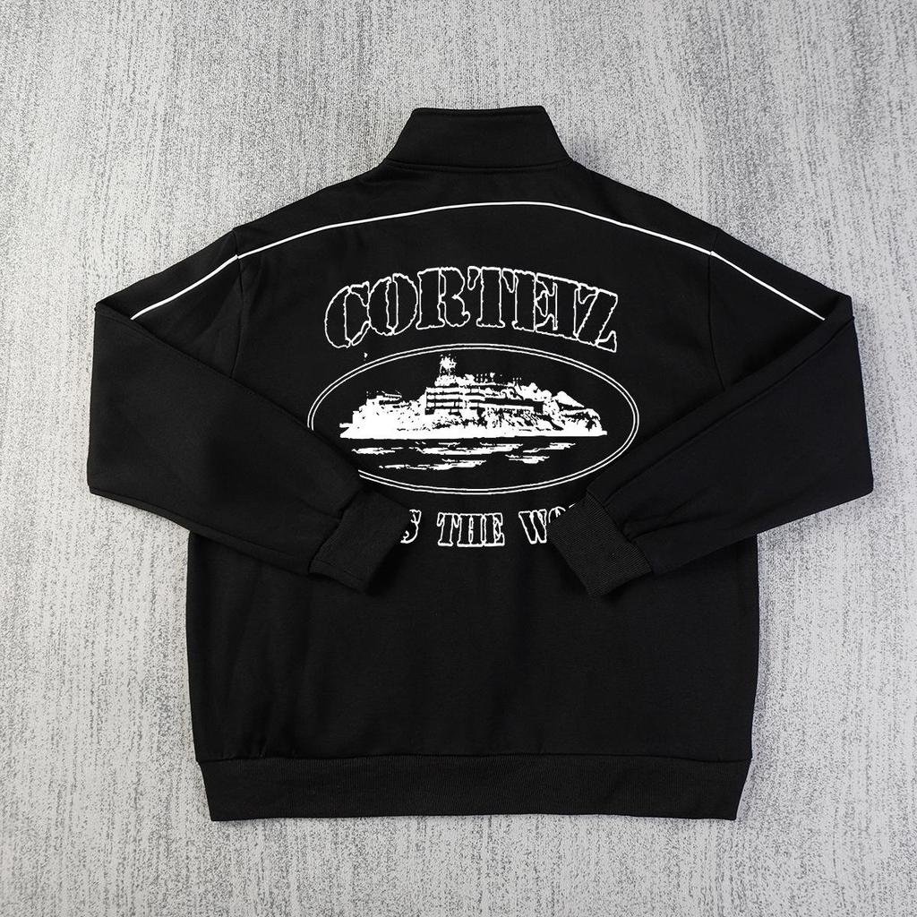 American Retro Reflective Corteiz Alcatraz Jacket with Stand Collar and Zippered Casual High Street Pants