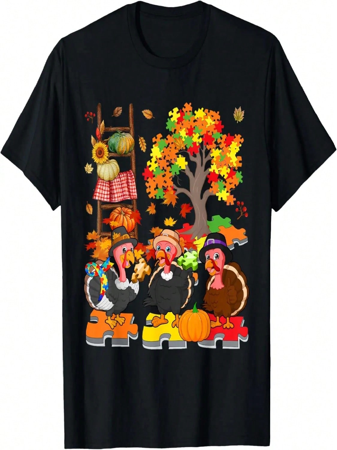 Three Fall Turkey With Autism Awareness Puzzle Pieces Tree T-Shirt S разноцветный