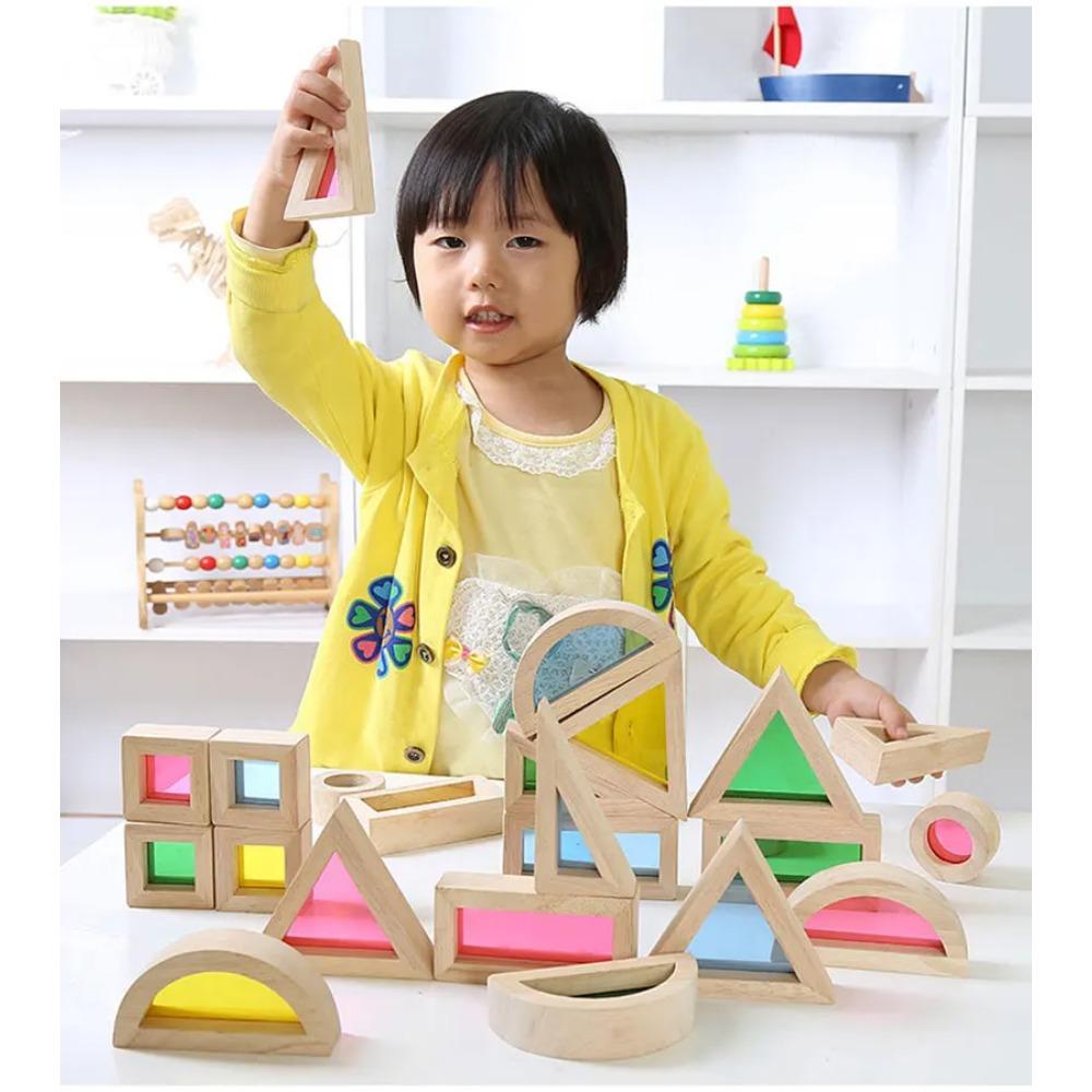 Montessori Transparent Shape Blocks Wooden Toys Rainbow Acrylic Color Cognitive Sensory Building Game Educational Toys for Kids