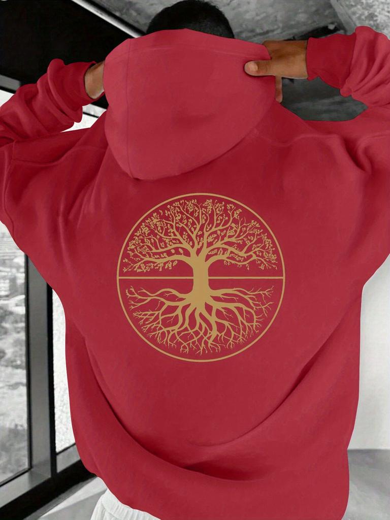 Men's Tree of Life Graphic Hoodie - Black & Golden Circular Print, Casual Pullover with Front Pockets