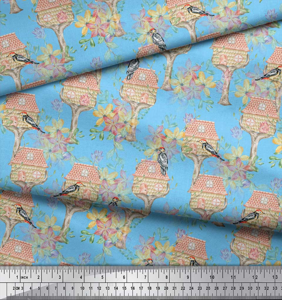 

Тканина Soimoi Green Poly Crepe Будиночок на дереві та тканина з принтом птахів дятла 1 метр 42 дюйма 42 Inch Wide - Poly Crepe синій