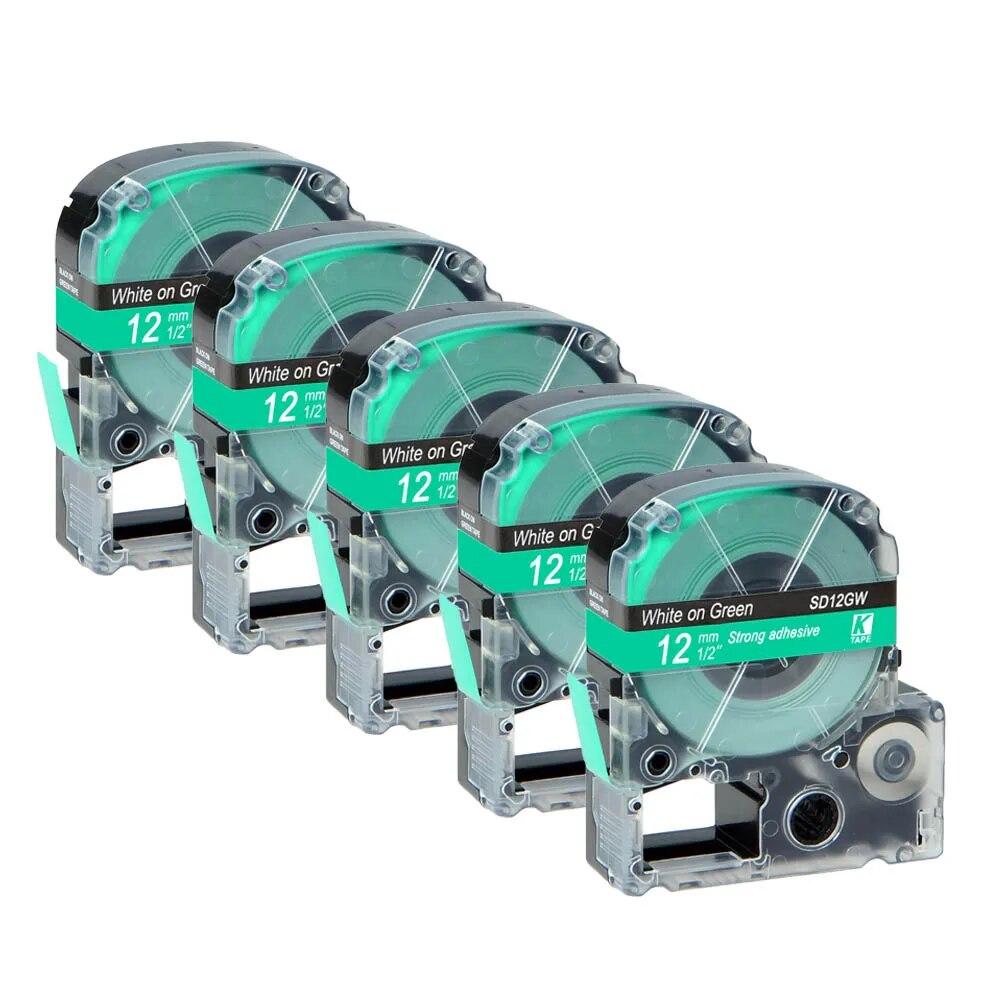 5 pachete 12 mm negru pe alb etichetă compatibilă Epson LC-4WBN / SS12KW SC12RW SC12YW ST12KW pentru imprimanta Epson LW300 LW400 500 600