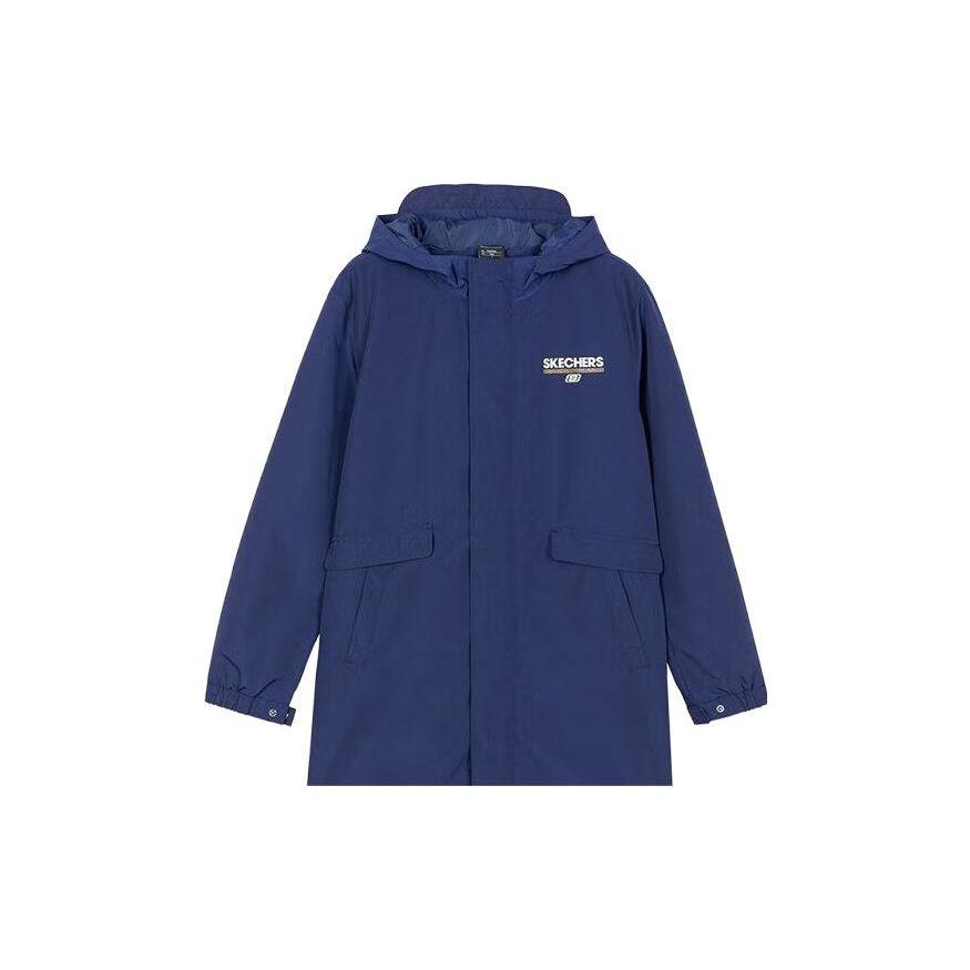 Skechers New Year Series Letter Print Hooded Mid-Length Jacket Men jackets Medieval-Blue L121M076-007D M