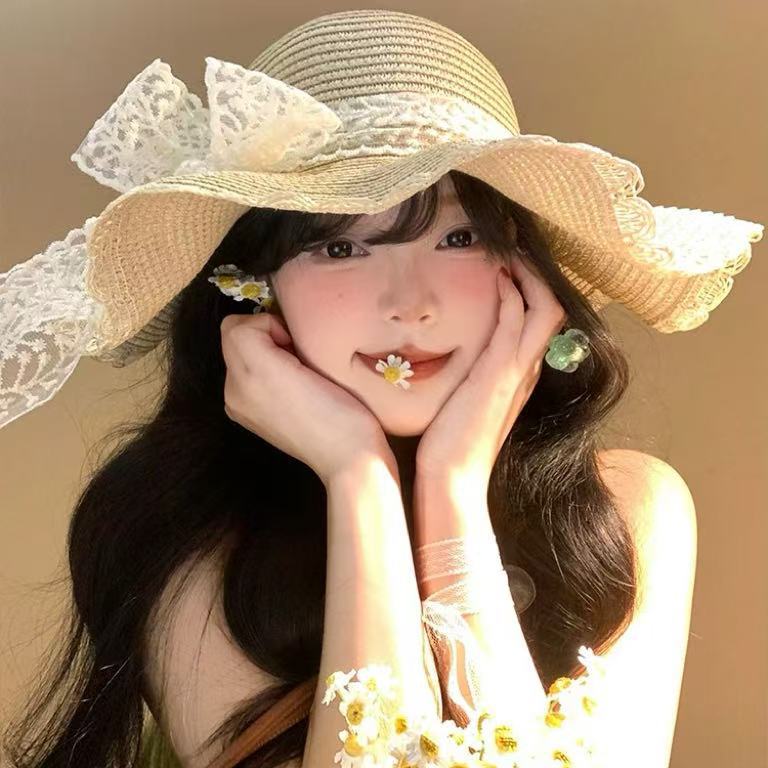 New Mint Mambo Flower Woven Bucket Hat Women's New Seaside Big Brim Straw Hat Sunscreen Hat