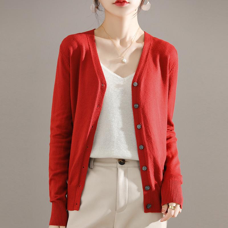Chic Casual V-Neck Cardigan - Comfortable Micro-Elastic Knitwear, Versatile Solid Color with Button-Up Design for Spring/Fall Women's Fashion