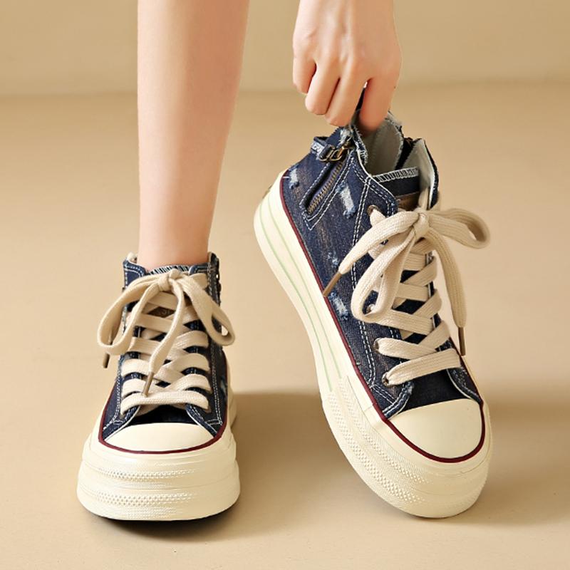 Women Platform Canvas Shoes Retro Student Shoes High Top Sneakers Lace Up Comfortable Skateboard Flat Zipper Sneakers For Female