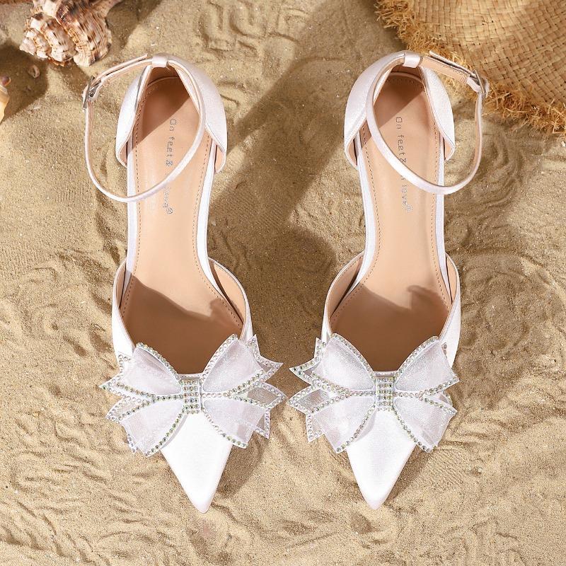 Fashion Luxury Rhinestone Bow Brand High Heels Women Elegant Pointed Toe Ankle Strap Buckle Wedding Bridal Shoes Sweet Lolita Dress Shoe
