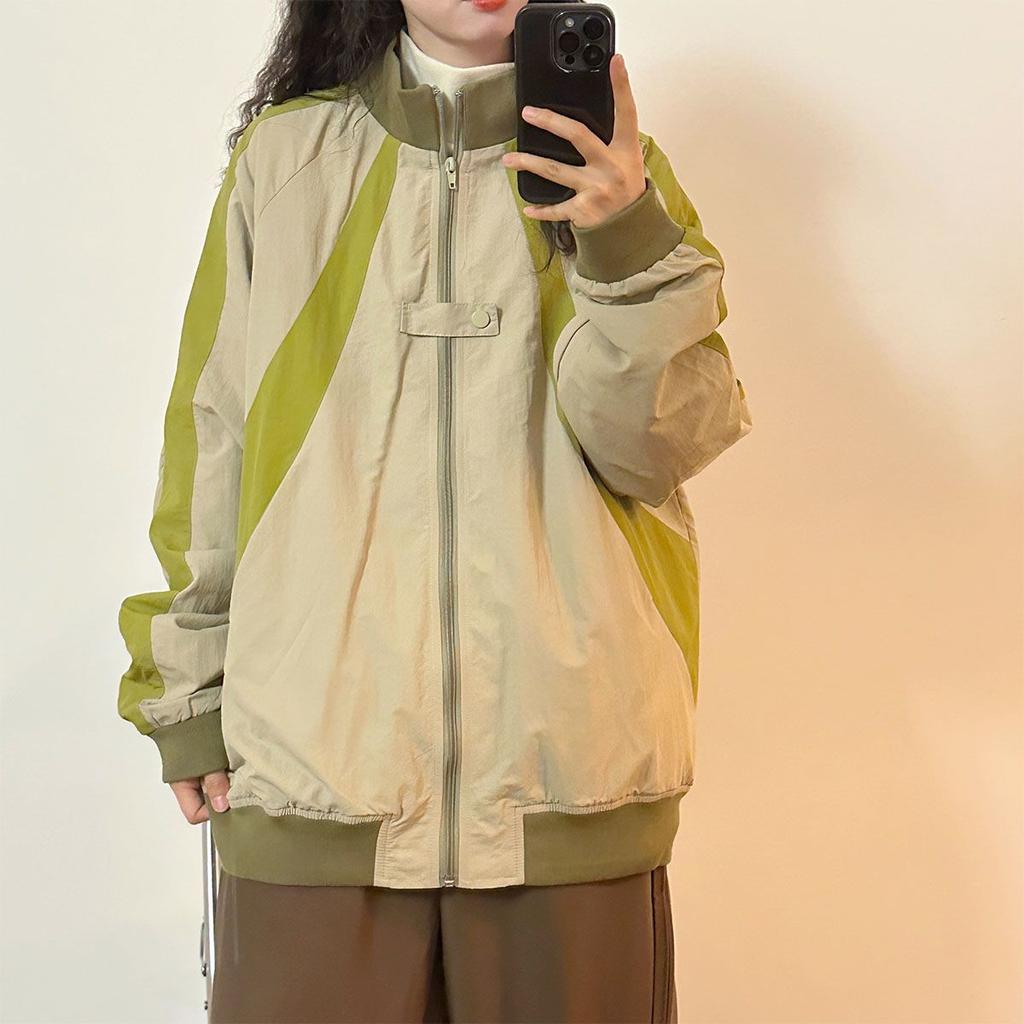 Women's American Retro Color Block Patchwork Design Stand Collar Baseball Jacket Loose Windbreaker Jacket for Autumn