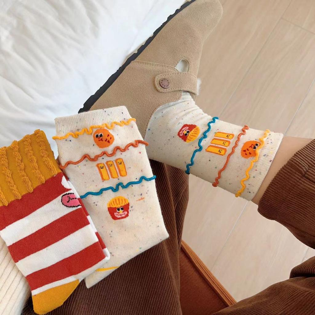 Dongdaemun Stesso Stile Calzini con Patatine Sono Divertenti e Carini, Calzini Trendy in Cotone, Design di Nicchia, Calzini a Righe Ondulate con Pizzo