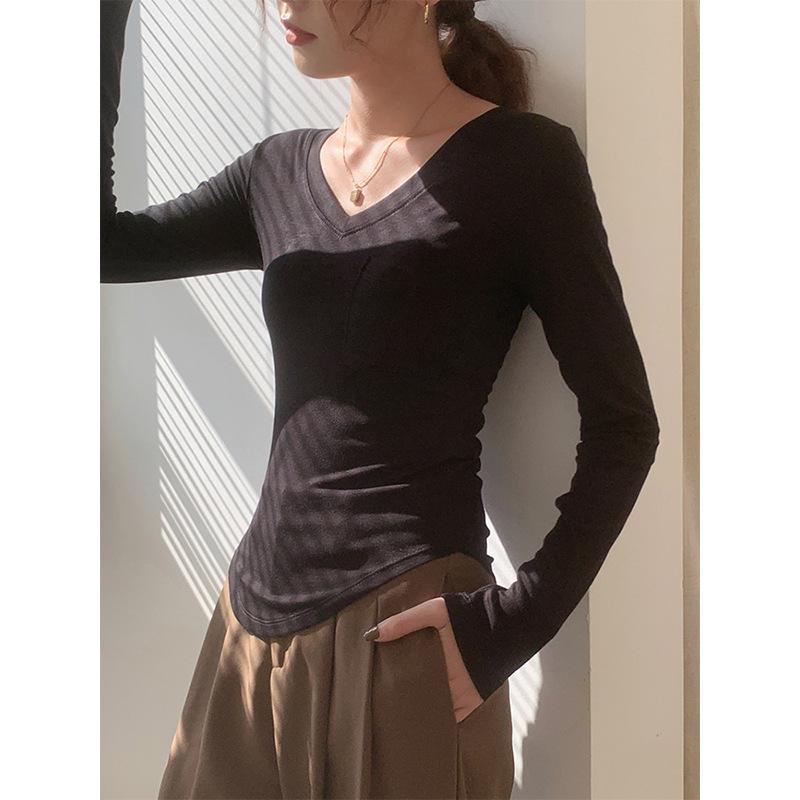 Women Simple Solid V Neck Slim Fit Long Sleeve Inner T Shirt Top