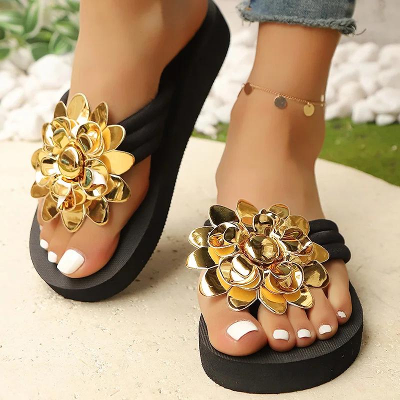 Fashion Gold Silver Flower Decor Flat Sandals for Women Plus Size Thick Sole Chunky Platform Slippers Summer Light Comfort Flip Flops