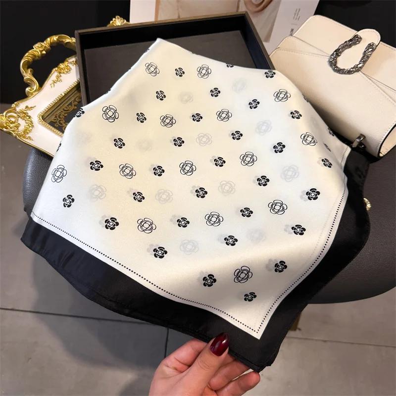 Luxury Brand 2025 Floral Print Square Silk Scarf for Women Hijab Hair Bands 70cm Neckerchief Female Satin Shawl Ribbon Headband