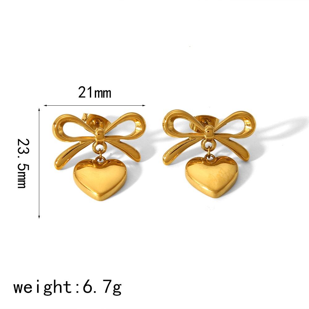 Simple Exquisite Gold Plated Heart-Shaped Pendant Earrings Stainless Steel Bowknot Stud Earrings Suitable For Daily Wearing
