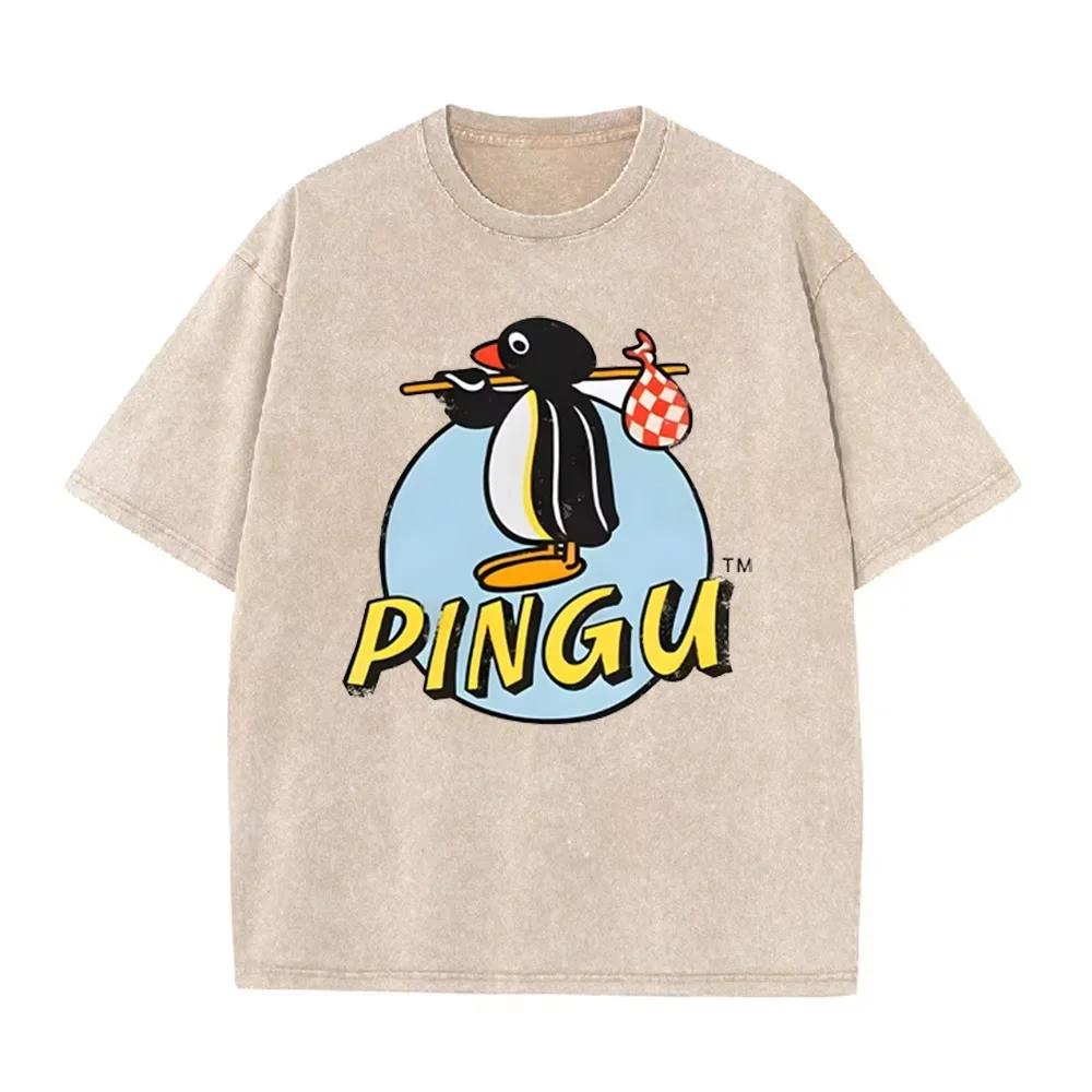 Funny Pingu the Penguin Cartoon Print Washed Beige Streetwear T Shirt S