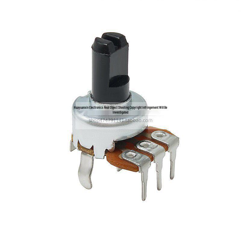 Type 121 Single Gang Rotary Volume Potentiometer with D-Type Knurled Half-Shaft, B10K/B50K/B100K, Vertical 3-Pin Through-Hole.
