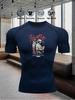 Men's Compression Shirt Quick Dry Navy Blue Gym T-Shirt "HUSTLE" Fallen Angel Print Workout Sportswear