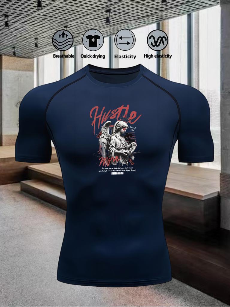 Men's Compression Shirt Quick Dry Navy Blue Gym T-Shirt "HUSTLE" Fallen Angel Print Workout Sportswear