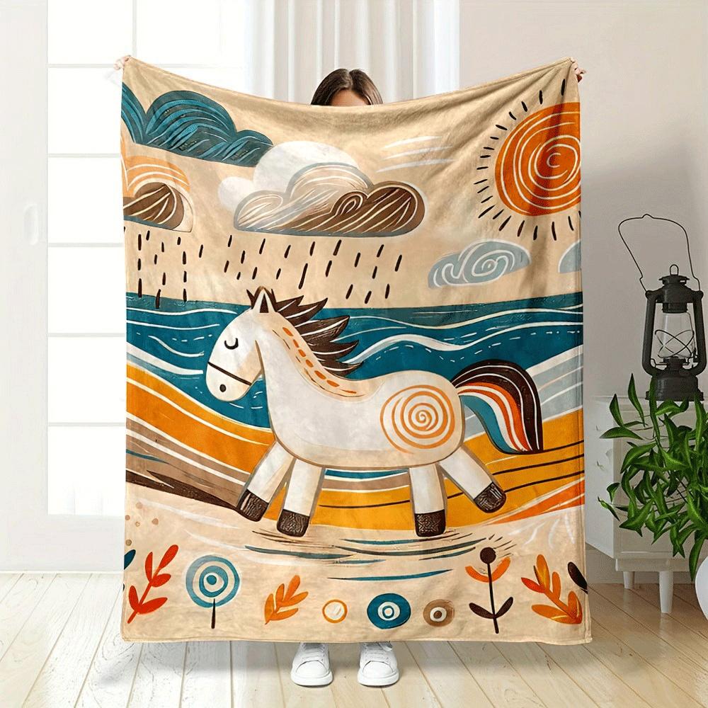 A Stylized Horse Amidst Swirling Patterns of Sun, Rain, and Nature. for All Seasons Blanket Lunch Break Throw Gift