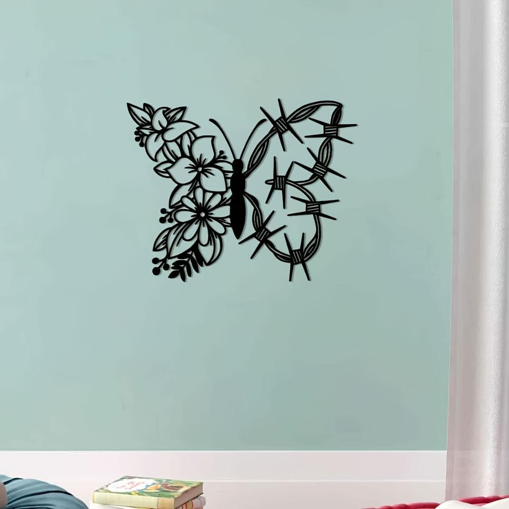 1pc Metal Butterfly Flower Wall Art, Indoor Outdoor Home Decor for Farmhouse Living Room Bedroom Porch Fence Garden Courtyard
