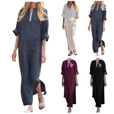 Women's Fashion Casual Temperament V-neck Spring And Summer New Large Size Women's Cotton And Hemp Pocket Loose Long Dress