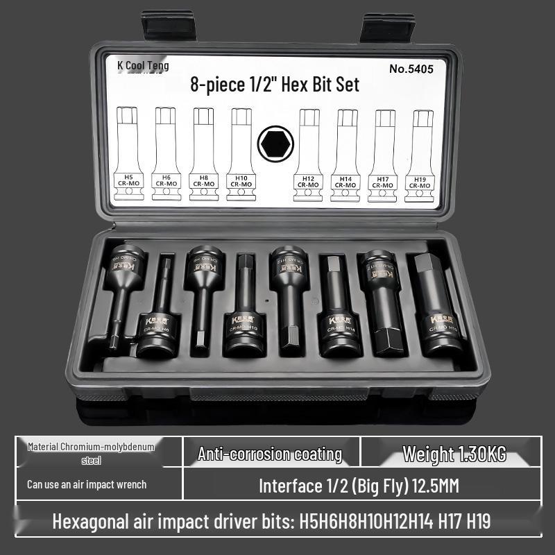 1/2 Large Air Gun Hex Screwdriver Socket Set - One-Piece Extended Pneumatic Bit Wrench