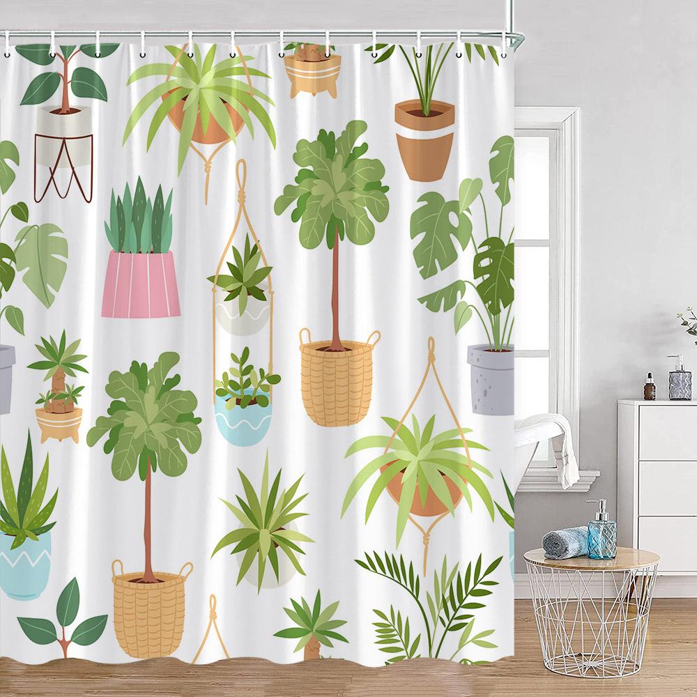 Grüne Topfpflanzen Duschvorhänge Cartoon Katzen Hängende Tropische Blätter Dekorationen Für Bad Polyestergewebe Badezimmervorhang