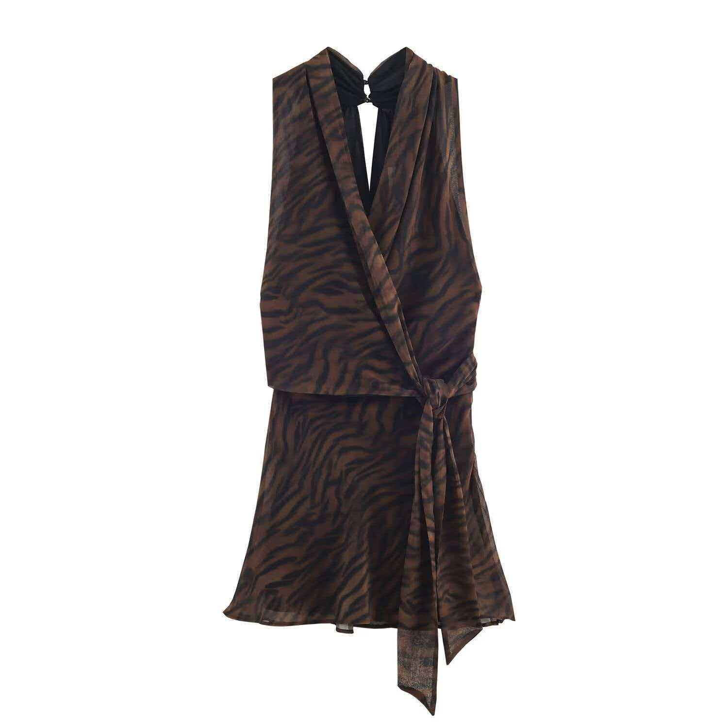 

Summer Animal Print Sleeveless Double-Breasted Mini Dress for Women Large