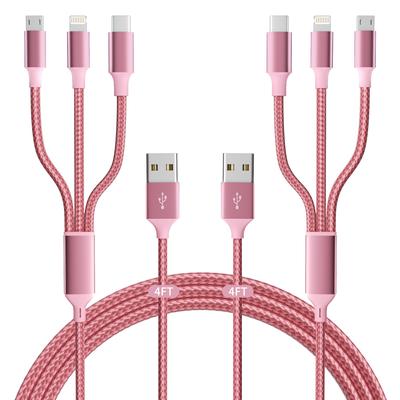 1,2m 4ft 3-in-1 USB-oplaadkabel met Type-C Micro USB IP-poort Nylon Gevlochten MFi-gecertificeerde oplaadkabel voor iPhone