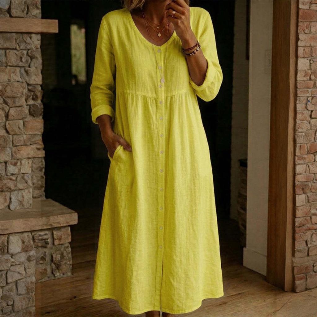 Women's Fashionable Casual Cotton-Linen Long-Sleeve Button-Down Dress