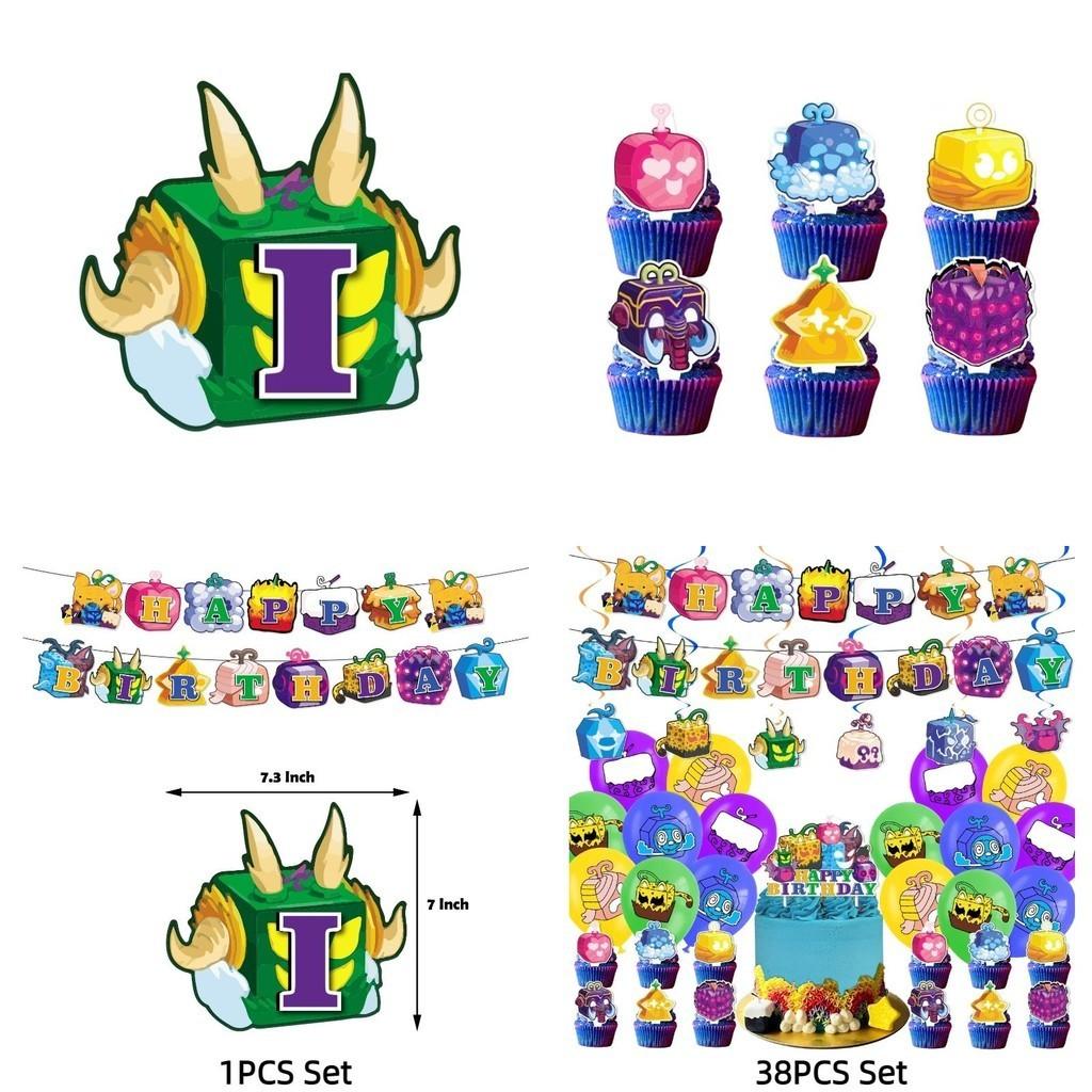 Blox Fruits Cartoon Theme Birthday Party Decorations Set Flags Balloons Cake Toppers