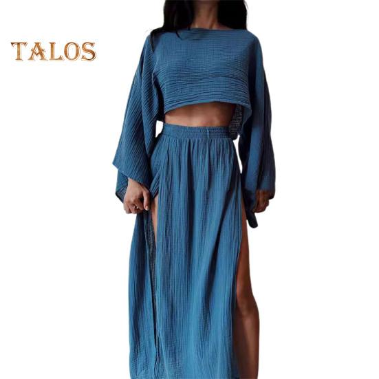 

2 шт./компл. женский укороченный топ с юбкой, комплект с длинным рукавом, наклонным вырезом, короткий топ с высокой талией, разделенная юбка, сплошной цвет, пляжное бикини для отдыха, клубный вечерние топ M синий